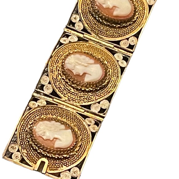 Vintage 800 Italy Gold wash Fancy filagree shell cameo bracelet chunky bangle - Picture 9 of 15
